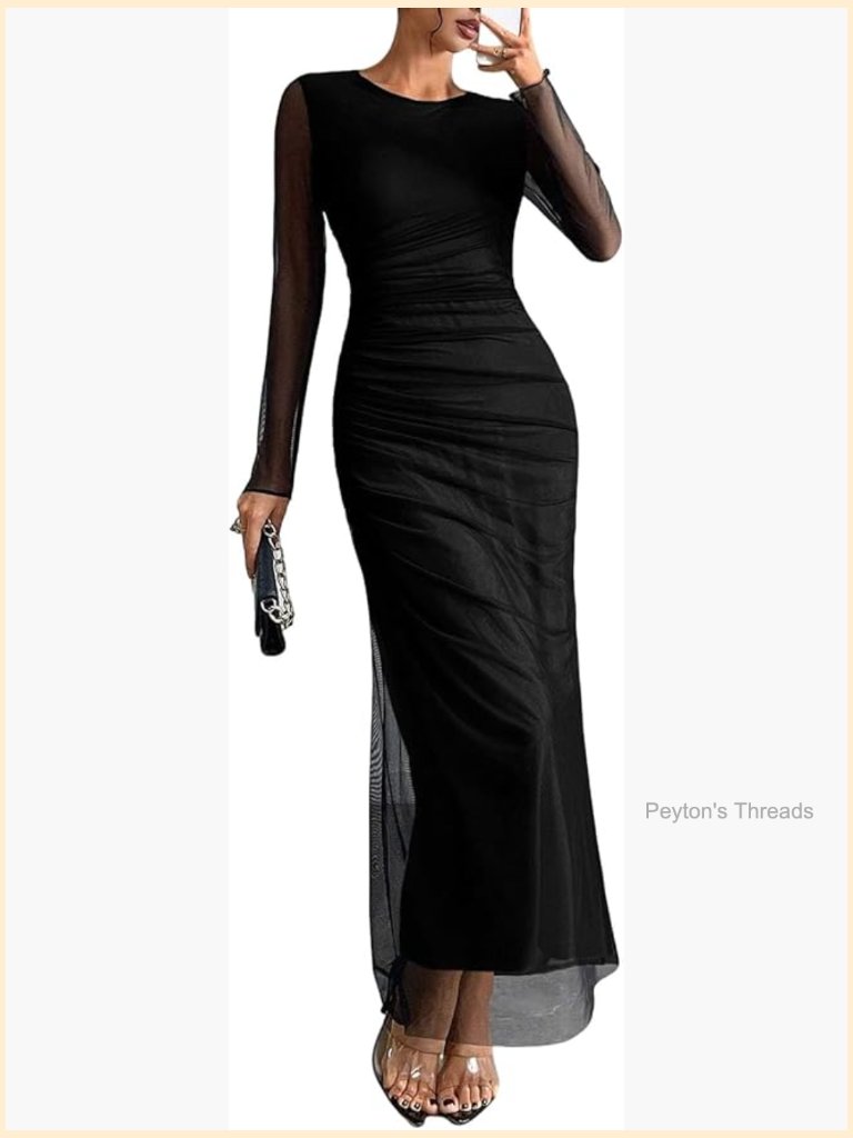 Long Sleeve Maxi Dress Bodycon Ruched Tie Dye Crew Neck Wedding Guest